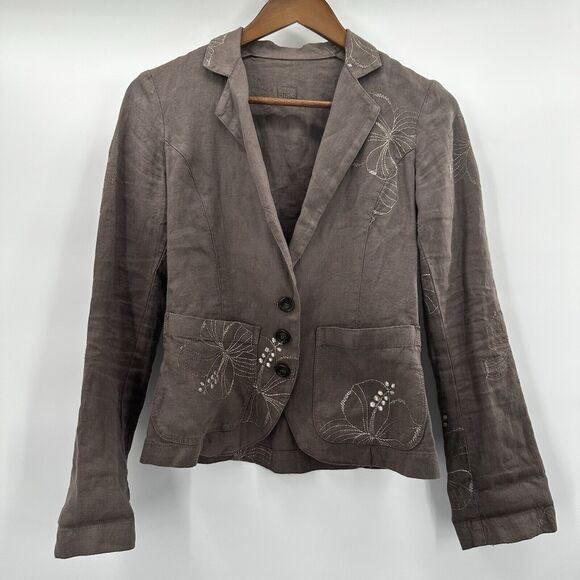 120% Lino Blazer Womens Medium 40 Brown Tan Embroidred Sport Jacket Linen - Picture 1 of 12